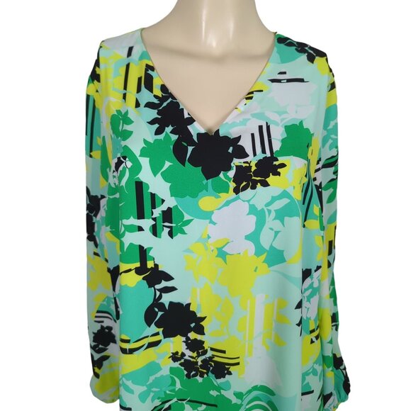 KAARI Blue V-Neck Long keyhole Sleeve yellow green abstract print Dress Size L - Picture 6 of 16